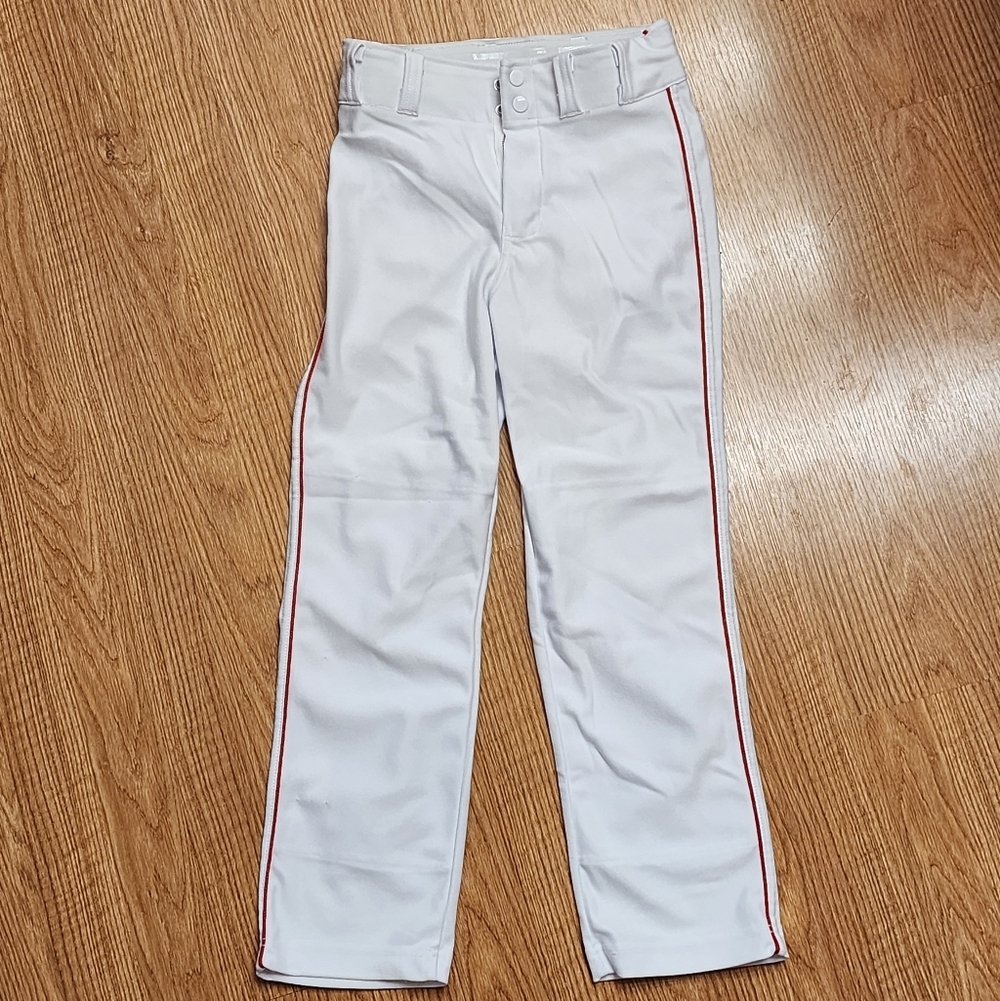 A4 White Youth Baseball Pants with Red Stripe Size M